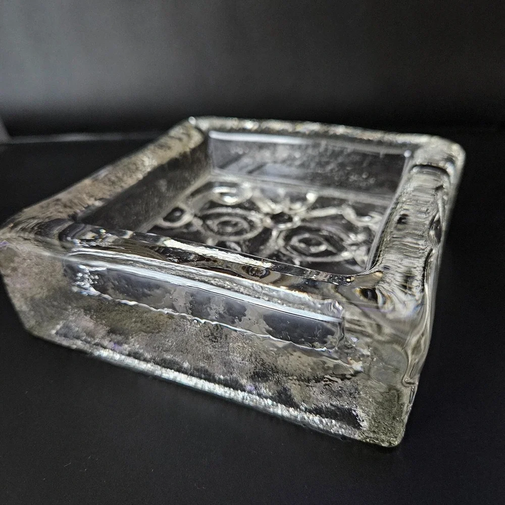 VTG Skruf Sweden Viking Face Heavy Block Square Crystal Dish '70s Lars Hellsten
